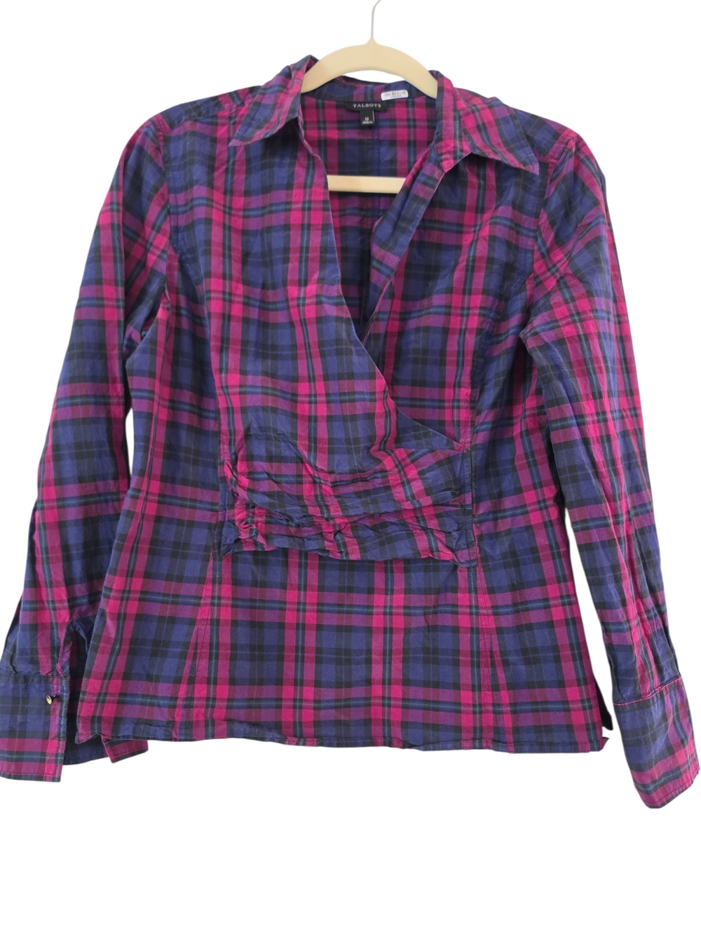 Talbots Pink and Navy Plaid Wrap-Front Button Down Shirt